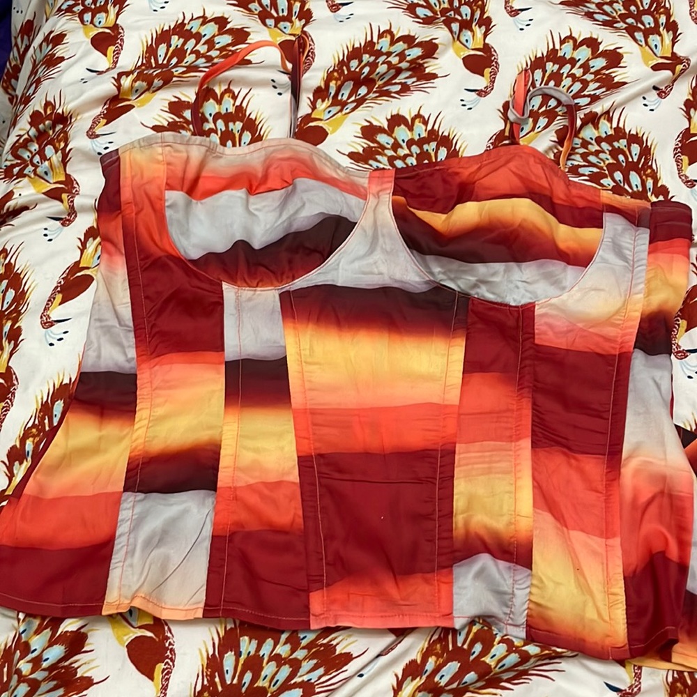Orange Abstract print corset Top & skirt
